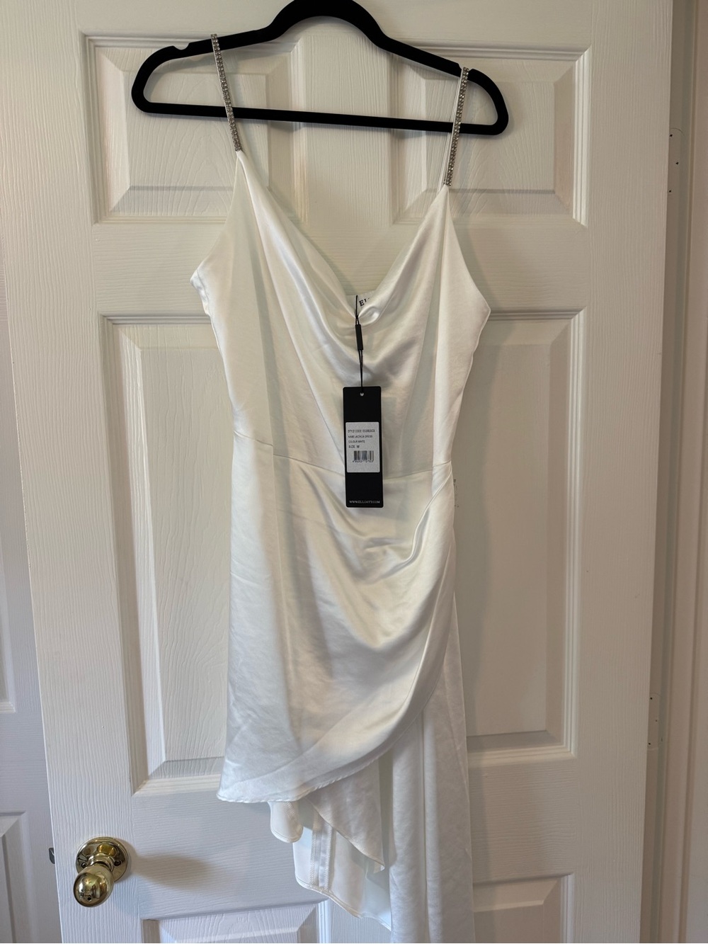 Elliatt White Satin Asymmetrical Slip Dress with Crystal Straps